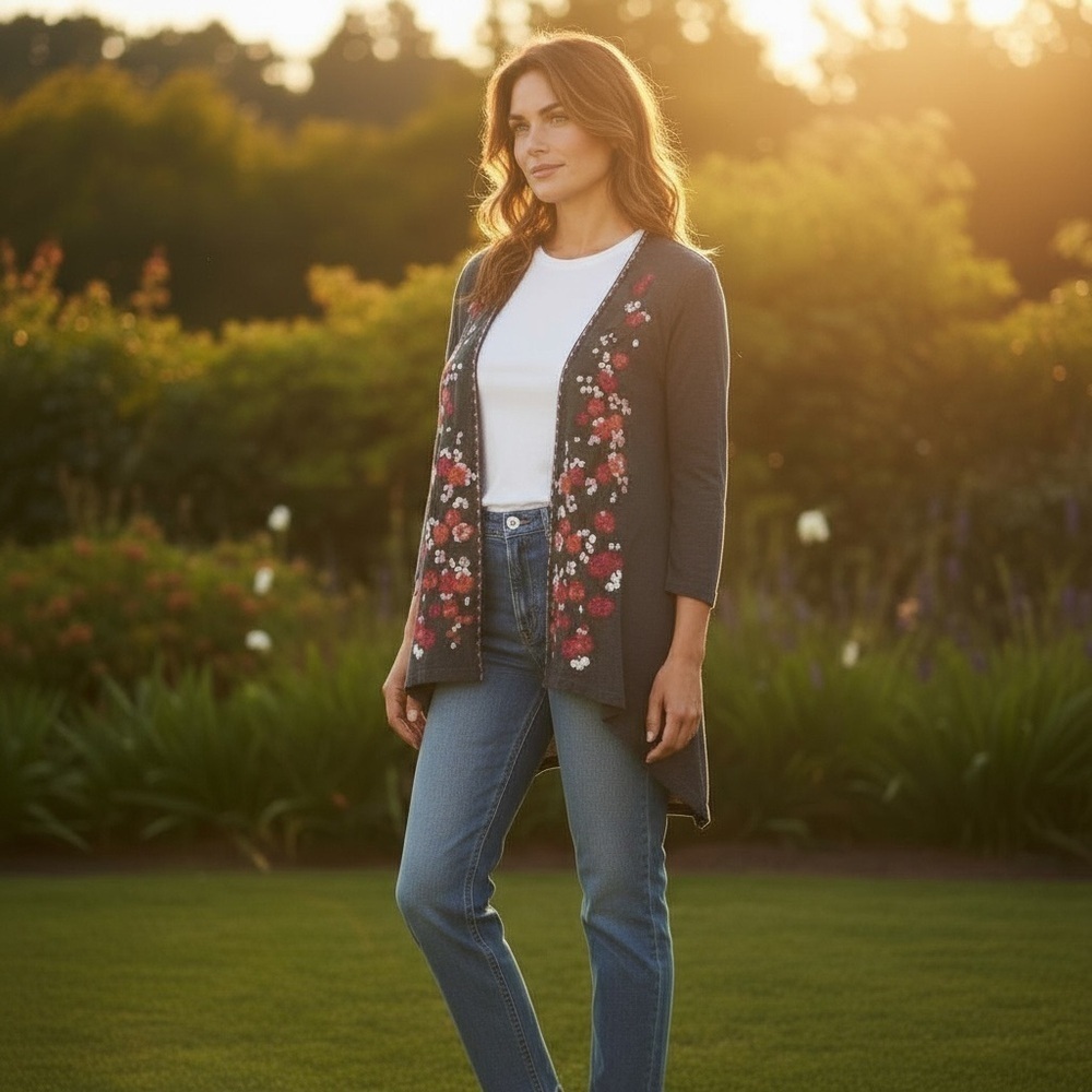 EUC - Johnny Was LA - Jersey Knit Floral Embroidered Cardigan - Size L